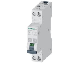 Siemens 5SL6 COM miniatureafbryder med C16 karakteristik, 230V og 6KA brudstyrke. Afbryderen er 1+N pol og har grønt O-OFF håndtag.