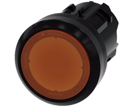 Siemens 22mm rund trykknap i orange plast, med fladt momentant design og sorte monteringsdetaljer.