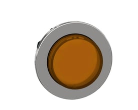 Schneider Electric trykknaphoved ZB4F flush i metal med gul, ophøjet trykflade og komplet metalramme på hvid baggrund.