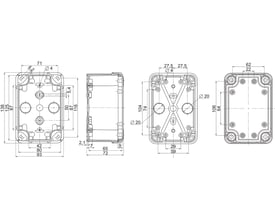 Tekniske tegninger af Schneider Electric Thalassa TBP kasse i polycarbonat, viser dimensioner og monteringselementer.