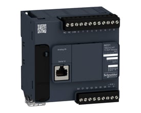 Schneider Electric Modicon M221 PLC TM221C16T med 24V DC indgang, 9 digitale indgange og 7 digitale udgange.