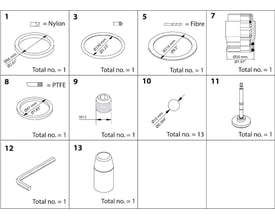Diagram over indholdet af Danfoss Vedligeholdelsessæt SVA 200, DN 200, viser alle reservedele med dimensioner og mængder.