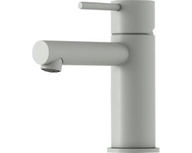 Mora INXX II Sharp Small håndvaskarmatur i mat-grå med lige profil og forkromet overflade på hvid baggrund.