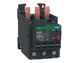Schneider Electric TeSys D termorelæ LRD365, model LRD3653, 48-65A med STOP og RESET knapper, vist i 3D-perspektiv.