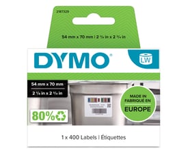 DYMO LabelWriter etiketter på 70x54mm med hvid baggrund og farvet bjælke, 400 stk. pr. rulle, lavet i Europa.