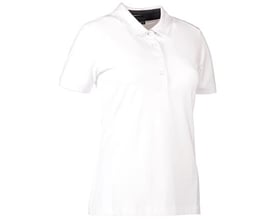ID Identity hvid stretch polo til damer i størrelse L med kort ærme, skjortekrave og knaplukning.