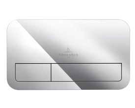 Villeroy & Boch ViConnect betjeningsplade med blank kromfinish og synlige dobbeltskyl-knapper på hvid baggrund.