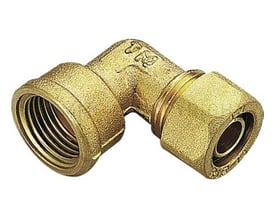 Messing PEX vinkel 90⁰ fra Tiemme, der viser 28mm rørdimension og muffesamling med 1" indvendigt gevind.