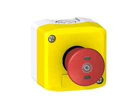 Schneider Electric nødstopbox komplet med rød tryk/træk-knap, gule og hvide kabinet, 2 NC kontakter til elevatorer.
