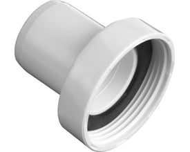 Hvidt overgangsstykke til afløb, med en glat 32mm ende og en gevind-ende på 1 1/2" med tætningsring.