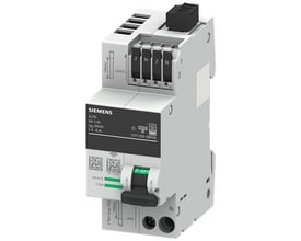 Siemens ECPD COM 6A 1+N type F fejlstrømsafbryder med måle- og kommunikationsfunktion, 230V AC, hvid og grå.