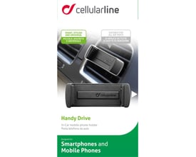 Cellularline Handy Drive mobilholder til luftdyser, viser holderen monteret i en biludluftning og på en mørk baggrund.