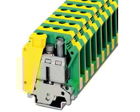 Phoenix Contact jordklemme USLKG 35 med skruetilslutning i grøn og gul, monteret på skinne med synlige skruer.