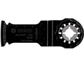 Bosch AIZ 32 EPC HCS-dyksavsklinge til træ, 50 x 32 mm, set forfra med sort klinge og Starlock-fæste.