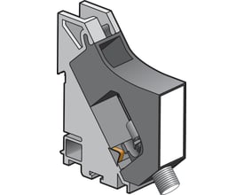 Niko datakonnektor til din-skinne med coax F-konnektor og RG59, vist med en intern mekanisme og gevind til tilslutning.