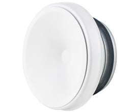 Hvid AVN-tilluftsventil på 100 mm med rund front og synlig metalramme bagpå, set skråt fra siden.