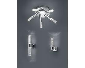 TRIO Lighting Bolsa H2O LED væglampe i krom og glas med 3 lysarme, der viser indbygget LED og boble-effekt i glasset på en grå baggrund.