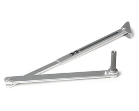 Assa Abloy L690 normal-arm med friløbsfunktion i sølv, vist med arm og lang, slidsed glideskinne.