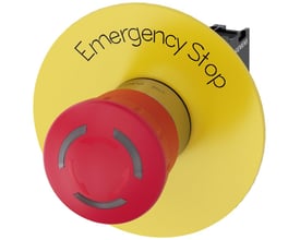 Siemens nødstop trykknap med lys i metal, 40mm rund, med 'Emergency Stop' tekst og rød trykknap med indbygget LED.