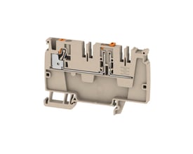 Detaljeret profil af Weidmüller Push IN distributionsklemme, 4mm², beige og orange, med synlig push-in mekanisme.