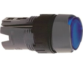 Schneider Electric lampetryk Ø16 rund, blå kip med LED fra Harmony XB6 serien, viser den grå plastkrop og blå linse.