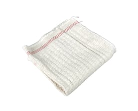 Ubleget karklud i bomuld, måler 32 x 36 cm, med røde syninger i kanten.