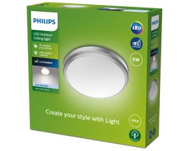 Philips Lighting Doris LED udendørs loftlampe i mat krom, 6W, 4000K, IP44, præsenteret i sin grønne emballage med produktinformation.