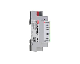 B.E.G. LK-IP/KNXs REG KNX IP-router i hvid og grå med indikatorlamper og betjeningsknapper på fronten.