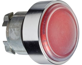 Schneider Electric Harmony Style 4 trykknap med rød silikonekappe og metalring, 22mm diameter. Synlig monteringsmekanisme på siden.