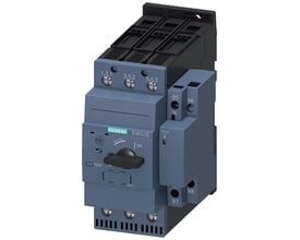 Siemens SIRIUS 3RV2 motorværn, størrelse S2, 42-52A indstillingsområde, 3-polet, med drejehåndtag og tydelige mærkninger for test og driftstilstande.