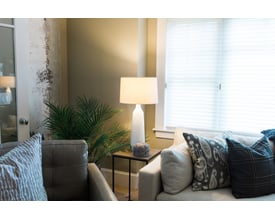 Ledvance LED Value Standard pære med E27 sokkel i et hyggeligt stuemiljø med en sofagruppe og en grøn plante.