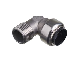 Detaljebillede af Roth 90-graders vinkel fitting i rustfri stål, med 18mm indstik og 1/2" gevind.