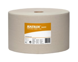 Katrin Basic industrirulle L 1200, hvid 1-lags aftørringsrulle med synlig papkerne og orange-hvid etiket.