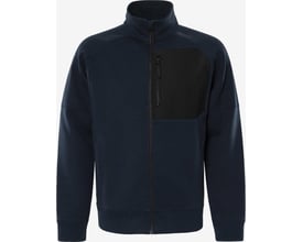 Kansas sweatjakke i mørk marine, str. L, med fuld lynlås og sort brystlomme med lynlås.