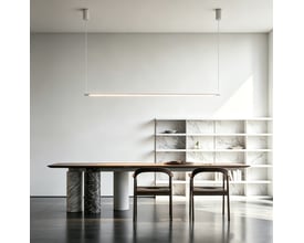 Hvid 86 cm dæmpbar spisebordslampe med integreret LED hænger over et spisebord i en moderne spisestue.
