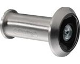 Abus dørspion i børstet metal med sort ramme rundt om glaslinsen, for øget hjemmesikkerhed.