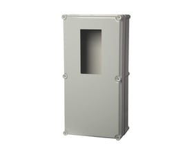 Fibox MSR målerskab uden klemme, vist fra siden, der fremhæver dets dybde og konstruktion i lys grå polycarbonat. Skabet er velegnet til mindre tavleanlæg.