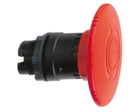 Schneider Electric sikkerhedsnødstop i rød med tryk-drej funktion og 60mm diameter på sort plast-basis.