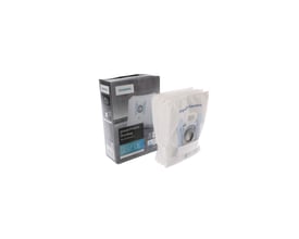 Siemens PowerProtect støvsugerposer i hvid fleece, vist udpakket og i klar plastemballage på hvid baggrund.