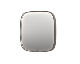 Sanibell SP31 superellipse spejl på 100x100 cm med børstet rustfri stål aluramme, præsenteret på hvid baggrund.