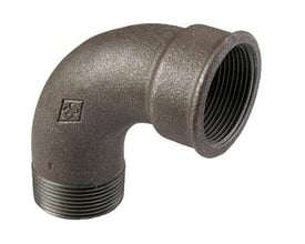 Sort 90-graders vinkel fitting i blødstøbt jern, 1/2 tomme, med indvendige og udvendige rørgevind, standard ISO 49-DS/EN 10242.