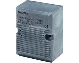 Siemens ZM150 elektronikhus til køleventil med mærkning af Landis & Staefa, AC 24V forsyning og CE-godkendelse.