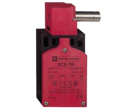 Schneider Electric XCSTR sikkerhedsendestop til 30 mm hængsel, med 1NO 2NC kontakter og 2xM16 kabelindgange i rød og sort kunststof.