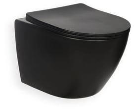 Mat sort hængeskål i Rimfree design med et tilhørende toiletsæde med Soft Close funktion.