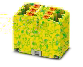 Phoenix Contact PTFIX fordelerblok i grøn/gul, med push-in tilslutning og 6 udgange til 2,5 mm² ledere.