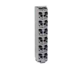 Schneider Electric TM5 anslutningsplint, 12 pin, 24V vist fra en let skrå vinkel, fremhæver de grå moduler og sorte klemmer.