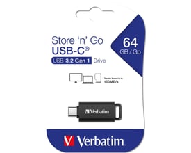 Verbatim Store 'n' Go USB-C 64GB flashdrev med USB 3.2 Gen 1, vist i sin blå og hvide emballage med klar front.