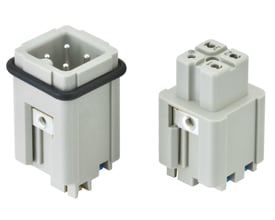 Set fra en anden vinkel, Harting Han 3A female insert med QUICK-LOCK terminering, tydeligvis med 3 kontakter og PE, grå polykarbonat.