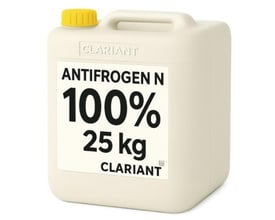 Clariant Antifrogen N, 100 % koncentreret glykol i en 25 kg dunk med gult låg, set skråt forfra.