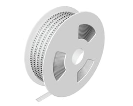 Weidmüller klemmemærker i hvid med neutrale tegn ses på en rulle; mærkerne måler 8/5 mm.